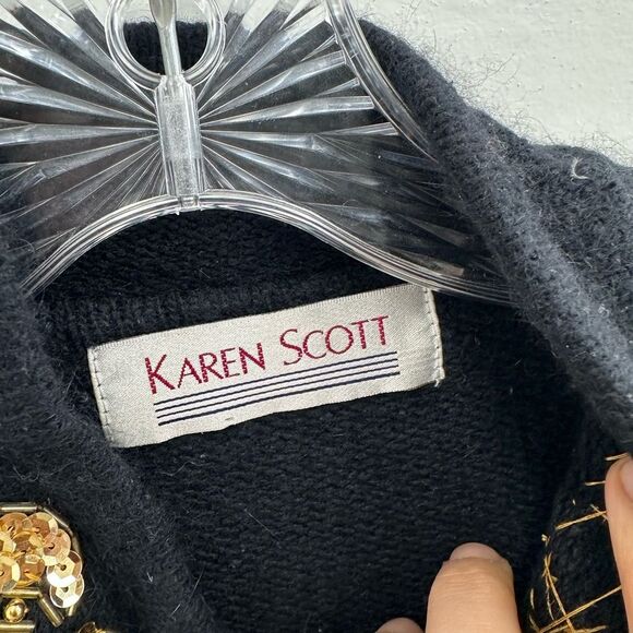 Vintage Karen Scott Black Silk Wool Sequin Beaded Knit Cardigan Sweater Size M - Picture 7 of 10
